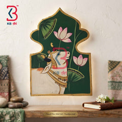 KB ART Handcrafted Wooden Jharokha Wall Panel Pichwai Kamdhenu Cow Lotus Emerald Green Arch
