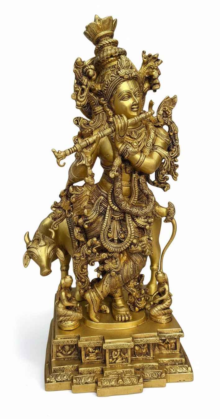 KB ART Antique Brass Krishna Statue – Handcrafted Rajasthani Krishna Statue for Home Decor Styling