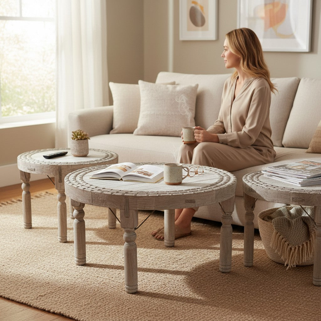 A woman in beige loungewear sits on a cream sofa holding a mug in a bright living room, with round white carved coffee tables in front of her.