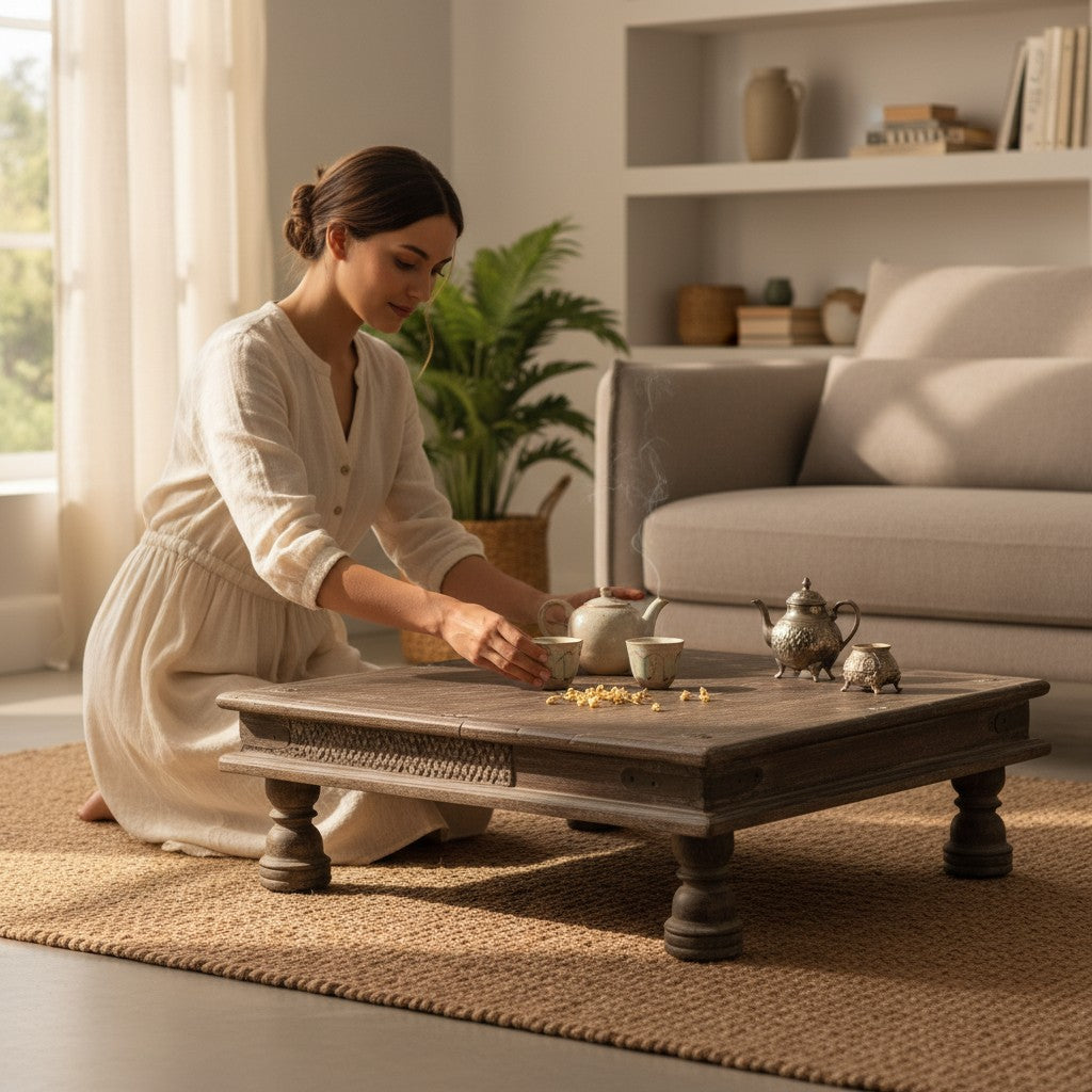 A woman in a cream-colored dress kneels on a woven rug beside a dark wooden coffee table in a bright, modern living room. She is interacting with a small teapot and teacups on the table.