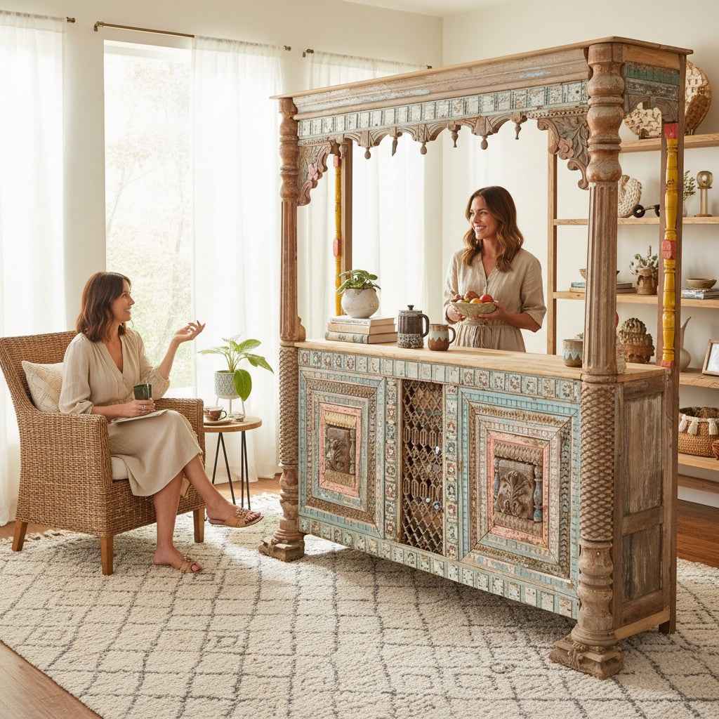 KB ART Hand-Painted Wooden Antique Bar Table with Jali Grille – Handcrafted Boho Jodhpur Home Decor