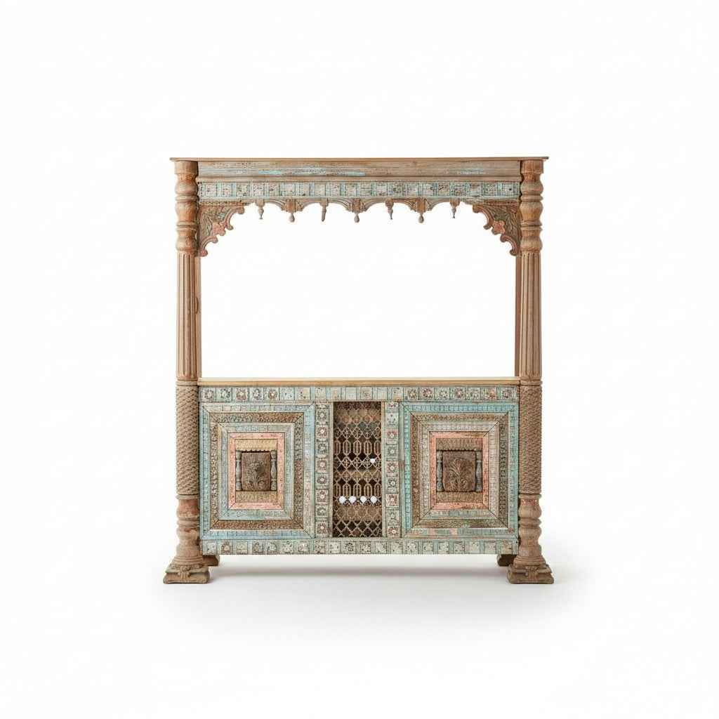 KB ART Hand-Painted Wooden Antique Bar Table with Jali Grille – Handcrafted Boho Jodhpur Home Decor