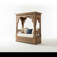 KB ART Hand-Carved Wooden Canopy Sofa with Quatrefoil Arches – Handcrafted Boho Jodhpur Home Decor