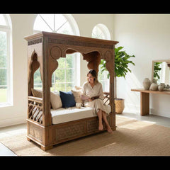 KB ART Hand-Carved Wooden Canopy Sofa with Quatrefoil Arches – Handcrafted Boho Jodhpur Home Decor
