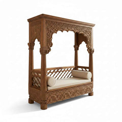 KB ART Hand-Carved Wooden Canopy Sofa with Floral Pediment – Handcrafted Boho Jodhpur Home Decor