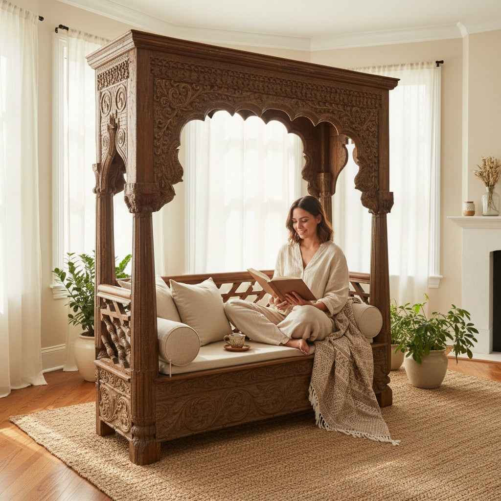 KB ART Hand-Carved Wooden Canopy Sofa - Styled Lounge Set – Handcrafted Boho Jodhpur Home Decor