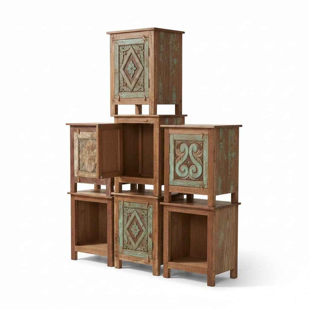 KB ART Modular Stacked Cube Nightstand with Carved Doors, Distressed Teal Solid Reclaimed Wood from Jodhpur Rajasthan – Handcrafted Boho Jodhpur Home Decor