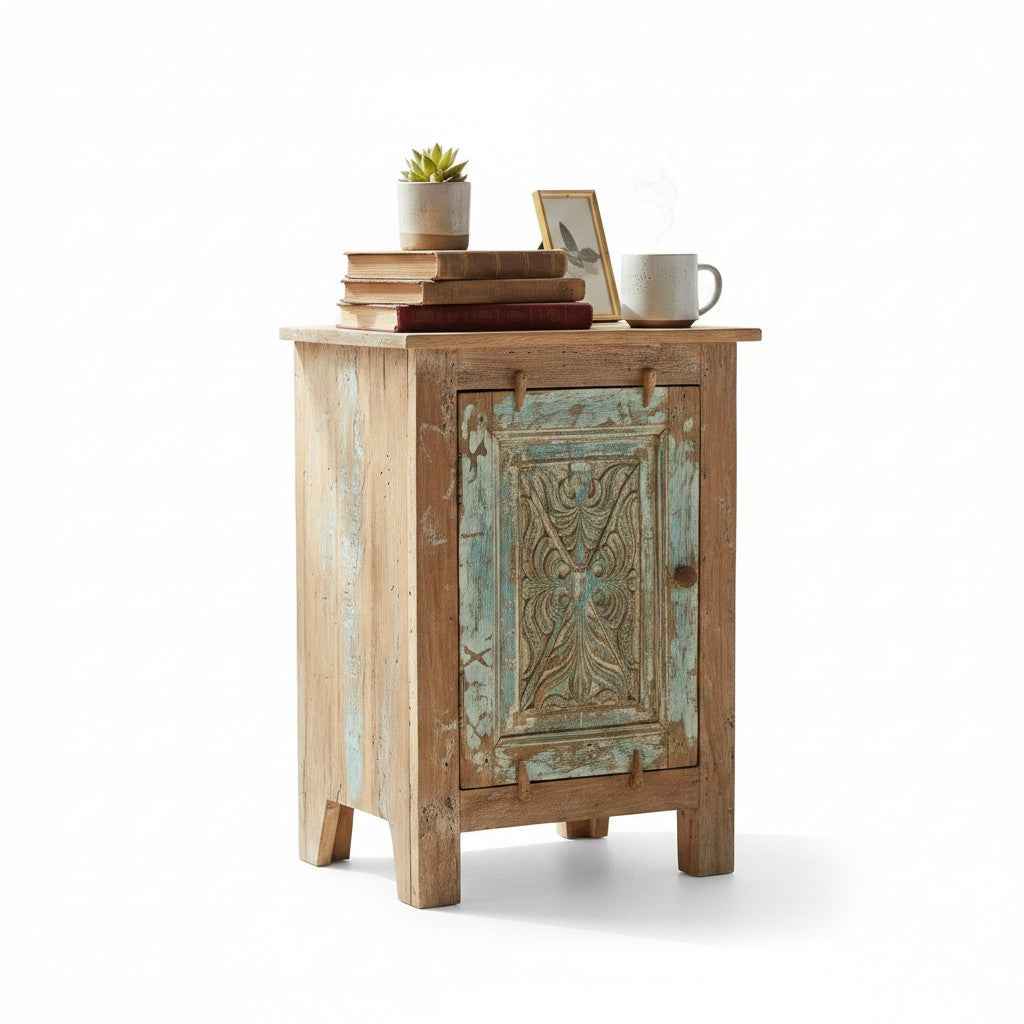 KB ART Vintage Carved Door Nightstand, Distressed Teal on Natural Wood Solid Reclaimed Wood from Jodhpur Rajasthan – Handcrafted Boho Jodhpur Home Decor