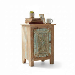 KB ART Vintage Carved Door Nightstand, Distressed Teal on Natural Wood Solid Reclaimed Wood from Jodhpur Rajasthan – Handcrafted Boho Jodhpur Home Decor