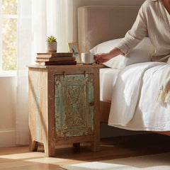 KB ART Vintage Carved Door Nightstand, Distressed Teal on Natural Wood Solid Reclaimed Wood from Jodhpur Rajasthan – Handcrafted Boho Jodhpur Home Decor