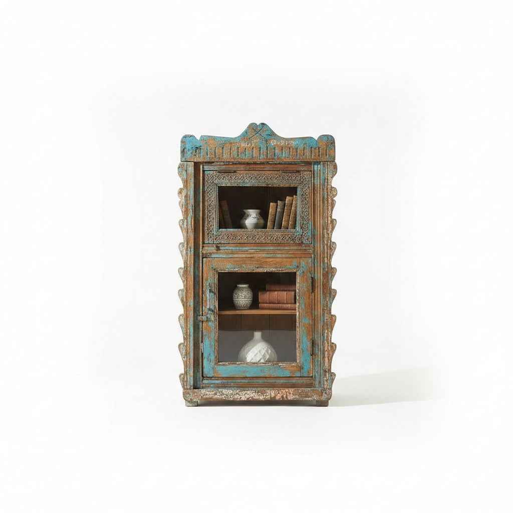 KB ART Tall Arched Display Cabinet, Scalloped Teal Distressed Finish Handcrafted Solid Reclaimed Wood from Jodhpur Rajasthan – Handcrafted Boho Jodhpur Home Decor