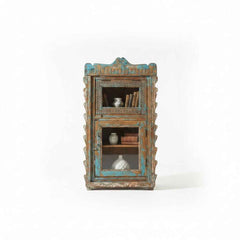 KB ART Tall Arched Display Cabinet, Scalloped Teal Distressed Finish Handcrafted Solid Reclaimed Wood from Jodhpur Rajasthan – Handcrafted Boho Jodhpur Home Decor