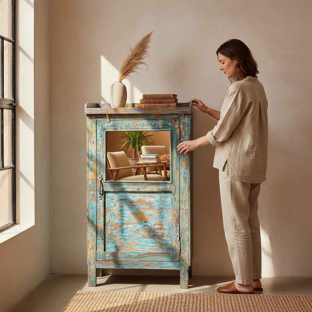 KB ART Heavily Distressed Teal Mirror-Door Nightstand – Handcrafted Boho Mirror-Door Nightstand for Home Decor Styling