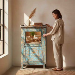 KB ART Heavily Distressed Teal Mirror-Door Nightstand – Handcrafted Boho Mirror-Door Nightstand for Home Decor Styling