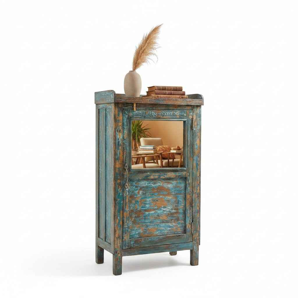 KB ART Heavily Distressed Teal Mirror-Door Nightstand – Handcrafted Boho Mirror-Door Nightstand for Home Decor Styling