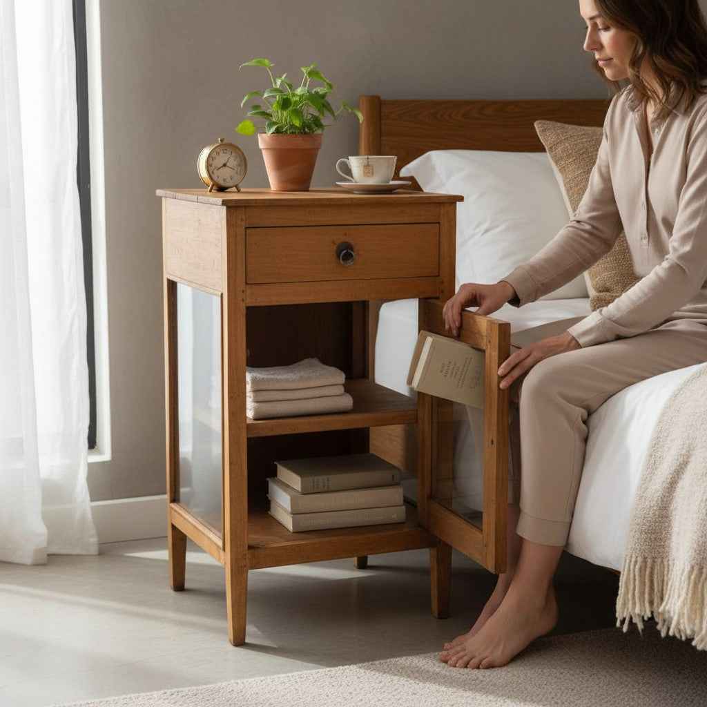KB ART Warm Oak-Tone Nightstand with Drawer and Glass Door – Handcrafted Boho Jodhpur Home Decor