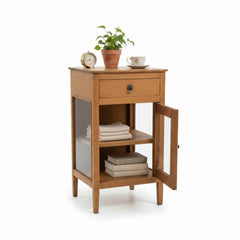 KB ART Warm Oak-Tone Nightstand with Drawer and Glass Door – Handcrafted Boho Jodhpur Home Decor