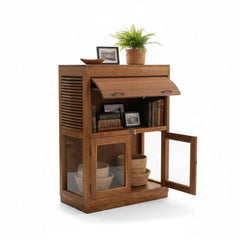 KB ART Farmhouse Tambour-Top Cabinet with Glass Double Doors – Handcrafted Boho Jodhpur Home Decor