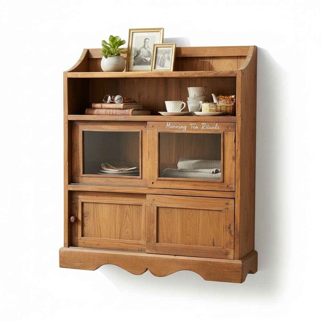 KB ART Wall-Mount Heritage Hutch with Glass and Sliding Doors – Handcrafted Boho Jodhpur Home Decor