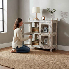 KB ART Whitewashed Four-Pane Glass Double Door Cabinet – Handcrafted Reclaimed & Mixed Solid Wood Jodhpur Rajasthani Decor – Handcrafted Boho Jodhpur Home Decor