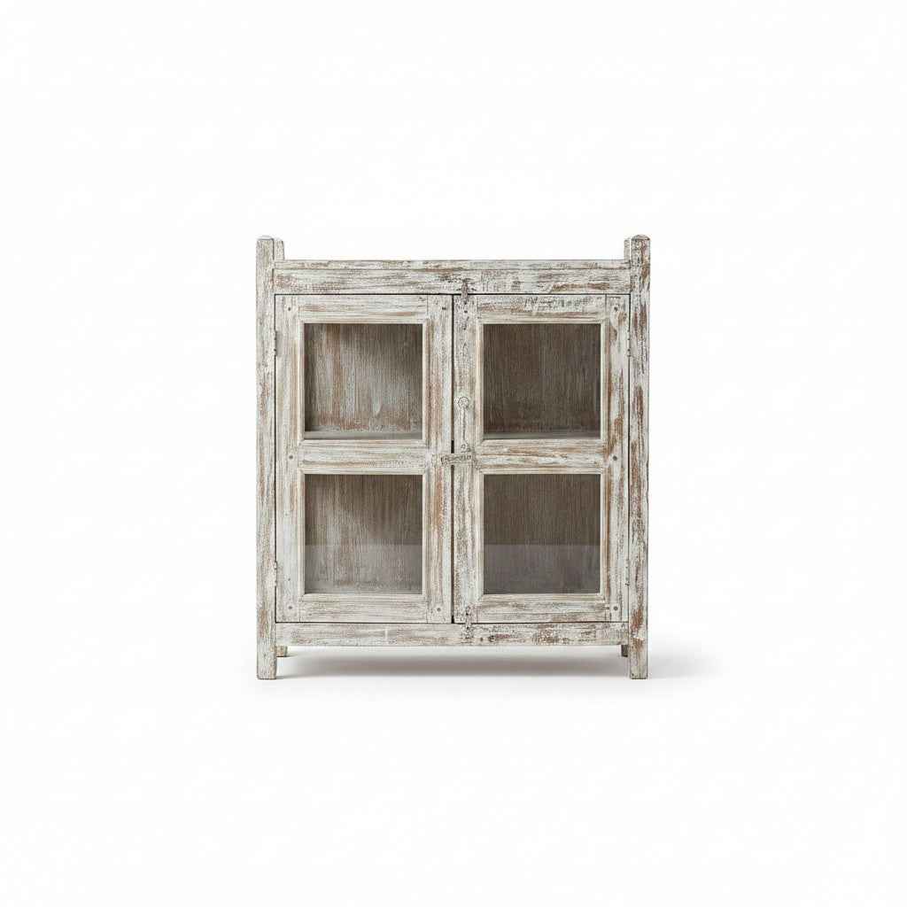 KB ART Whitewashed Four-Pane Glass Double Door Cabinet – Handcrafted Reclaimed & Mixed Solid Wood Jodhpur Rajasthani Decor – Handcrafted Boho Jodhpur Home Decor