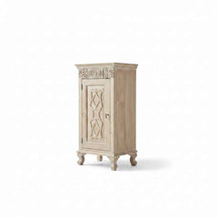KB ART Whitewashed Carved Diamond-Door Accent Nightstand – Handcrafted Reclaimed & Mixed Solid Wood Jodhpur Rajasthani Decor – Handcrafted Boho Jodhpur Home Decor