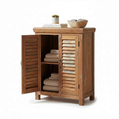 KB ART Louvered Shutter-Door Small Sideboard, Honey and Teal Distress Handcrafted Solid Reclaimed Wood from Jodhpur Rajasthan – Handcrafted Boho Jodhpur Home Decor