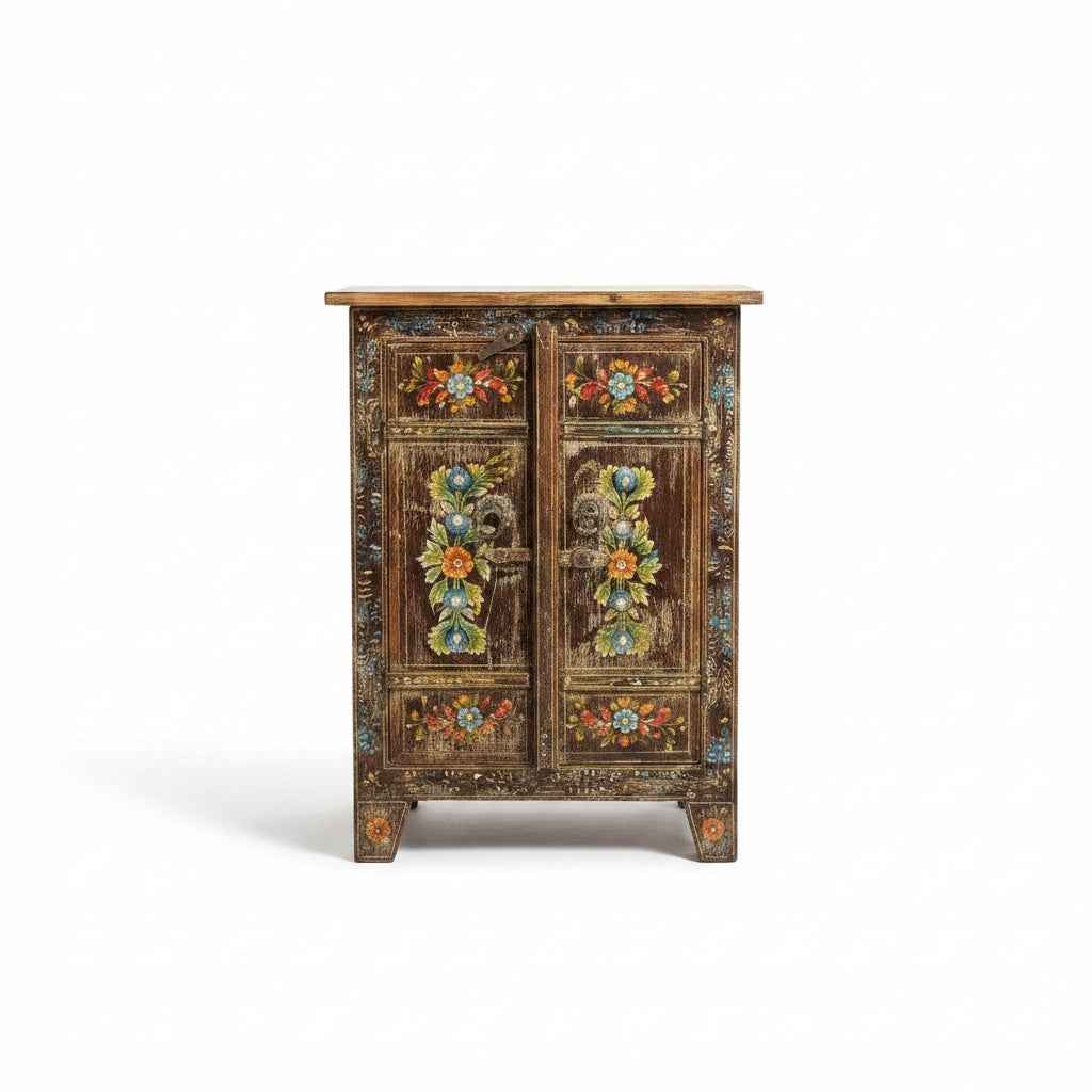 KB ART Hand-Painted Folk Art Double Door Cabinet, Floral Motif – Handcrafted Boho Jodhpur Home Decor