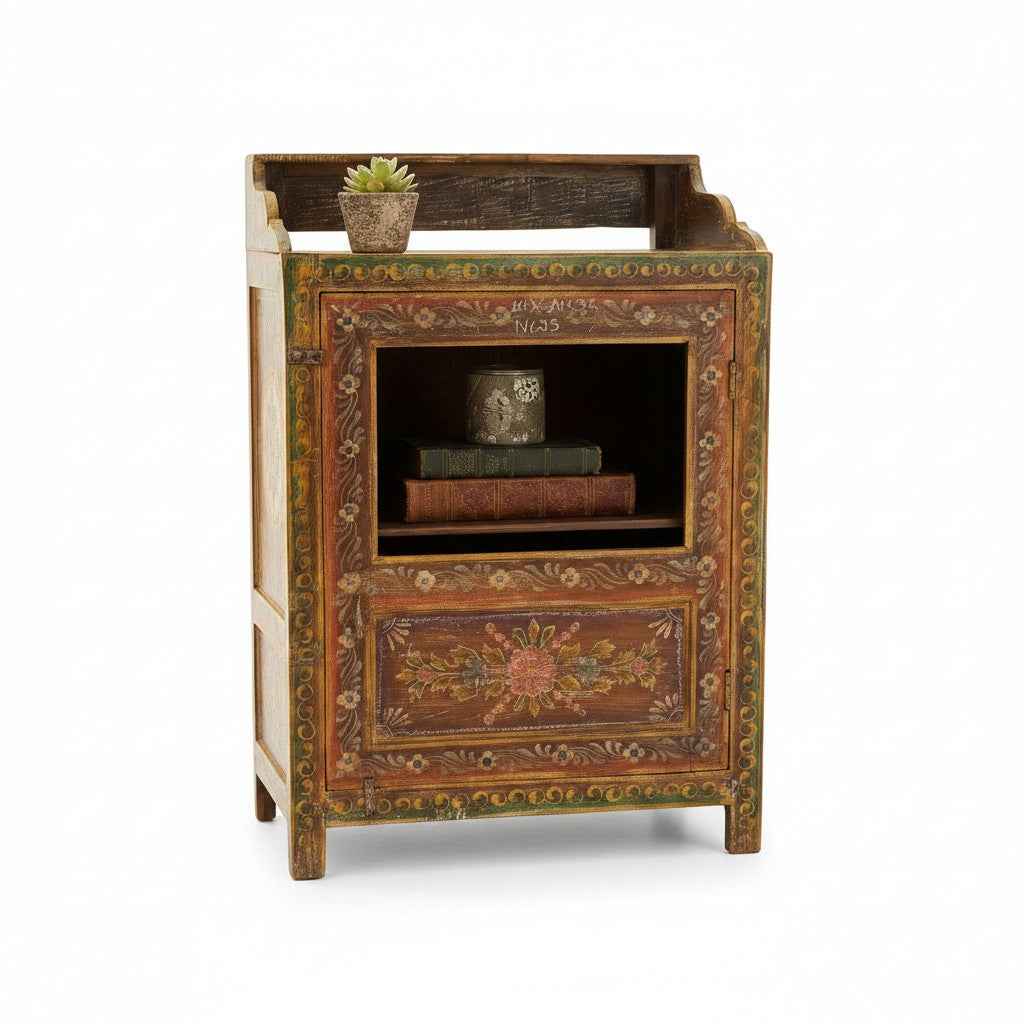 KB ART Hand-Painted Floral Border Cabinet with Gallery-Rail Top – Handcrafted Boho Jodhpur Home Decor