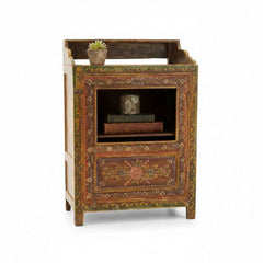 KB ART Hand-Painted Floral Border Cabinet with Gallery-Rail Top – Handcrafted Boho Jodhpur Home Decor
