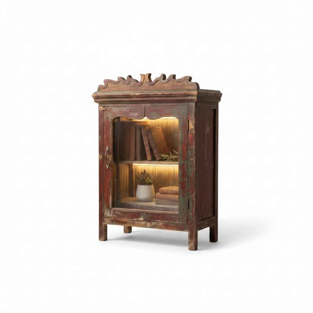 KB ART Ornate Scalloped-Crown Glass Display Cabinet, Weathered Red-Green – Handcrafted Reclaimed & Mixed Solid Wood Jodhpur Rajasthani Decor – Handcrafted Boho Jodhpur Home Decor
