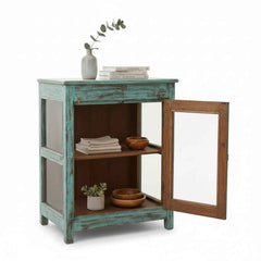 KB ART Boho Distressed Teal Cabinet with Mirrored Side Panels – Handcrafted Boho Jodhpur Home Decor