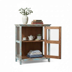 KB ART Coastal Open-Shelf Nightstand with Glass Door, Distressed Teal – Handcrafted Boho Jodhpur Home Decor