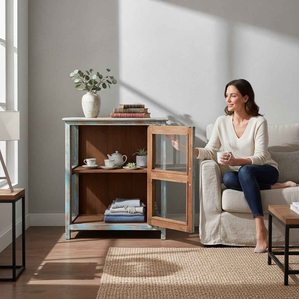 KB ART Coastal Open-Shelf Nightstand with Glass Door, Distressed Teal – Handcrafted Boho Jodhpur Home Decor