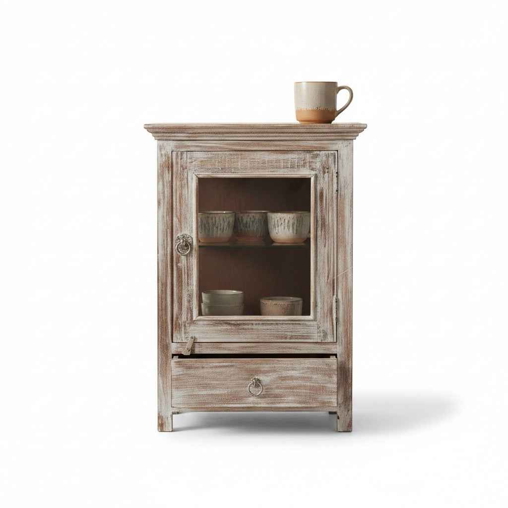 KB ART Whitewashed Crown-Top Glass Door Nightstand with Drawer – Handcrafted Boho Jodhpur Home Decor