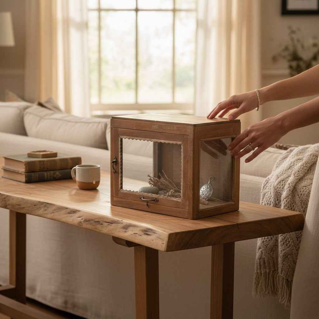 KB ART Mini Glass Display Box Cabinet, Natural Honey Wood – Handcrafted Boho Jodhpur Home Decor