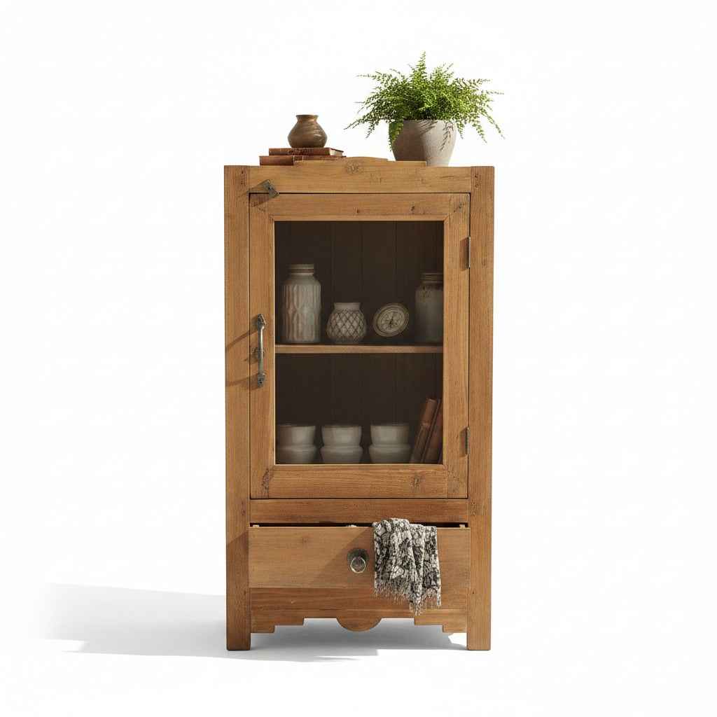 KB ART Natural Wood Glass Door Cabinet with Drawer, Scalloped Apron – Handcrafted Boho Jodhpur Home Decor