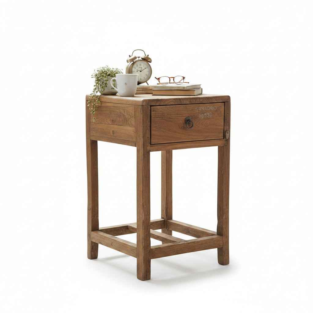 KB ART Antique Mini Wooden Side Table with Drawer and Open Shelf – Handcrafted Boho Jodhpur Home Decor