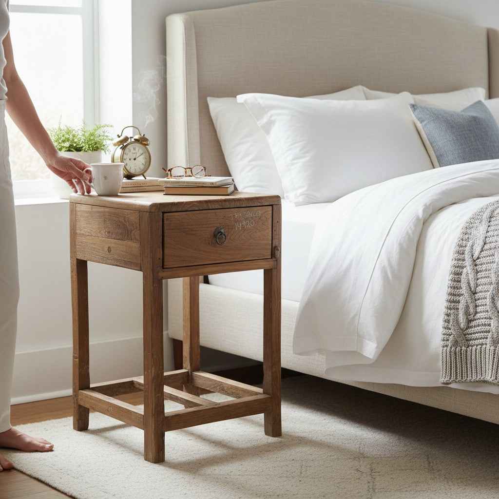 KB ART Antique Mini Wooden Side Table with Drawer and Open Shelf – Handcrafted Boho Jodhpur Home Decor