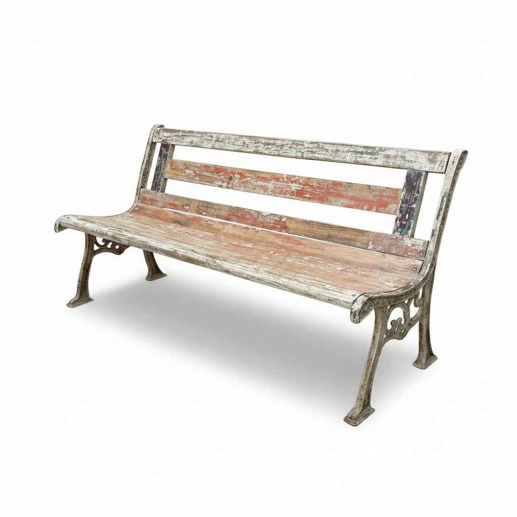 KB ART Rustic Chippy-Paint Park Bench with Cast Iron Sides – Handcrafted Rustic Jodhpur Home Decor