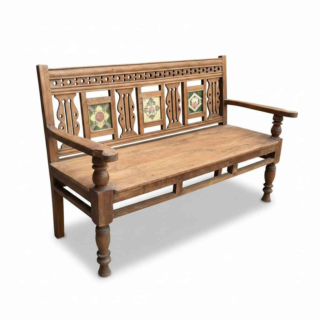 KB ART Antique Carved Wooden Bench with Ceramic Tile Panels – Handcrafted Rajasthani Jodhpur Home Decor