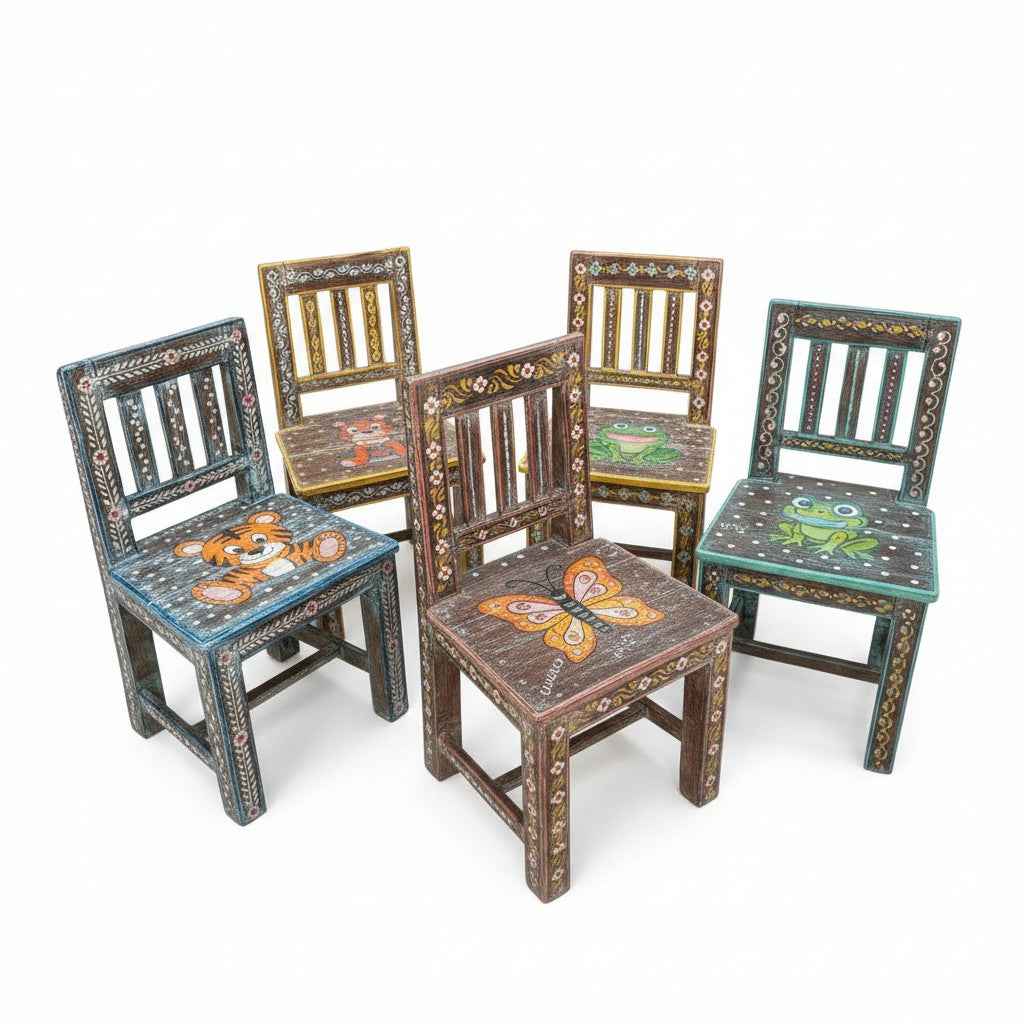 KB ART KB ART Hand-Painted Wooden Kids Chairs (Set) – Handcrafted Premium Solid Wood Jodhpur Rajasthani Decor – Handcrafted Boho Jodhpur Home Decor