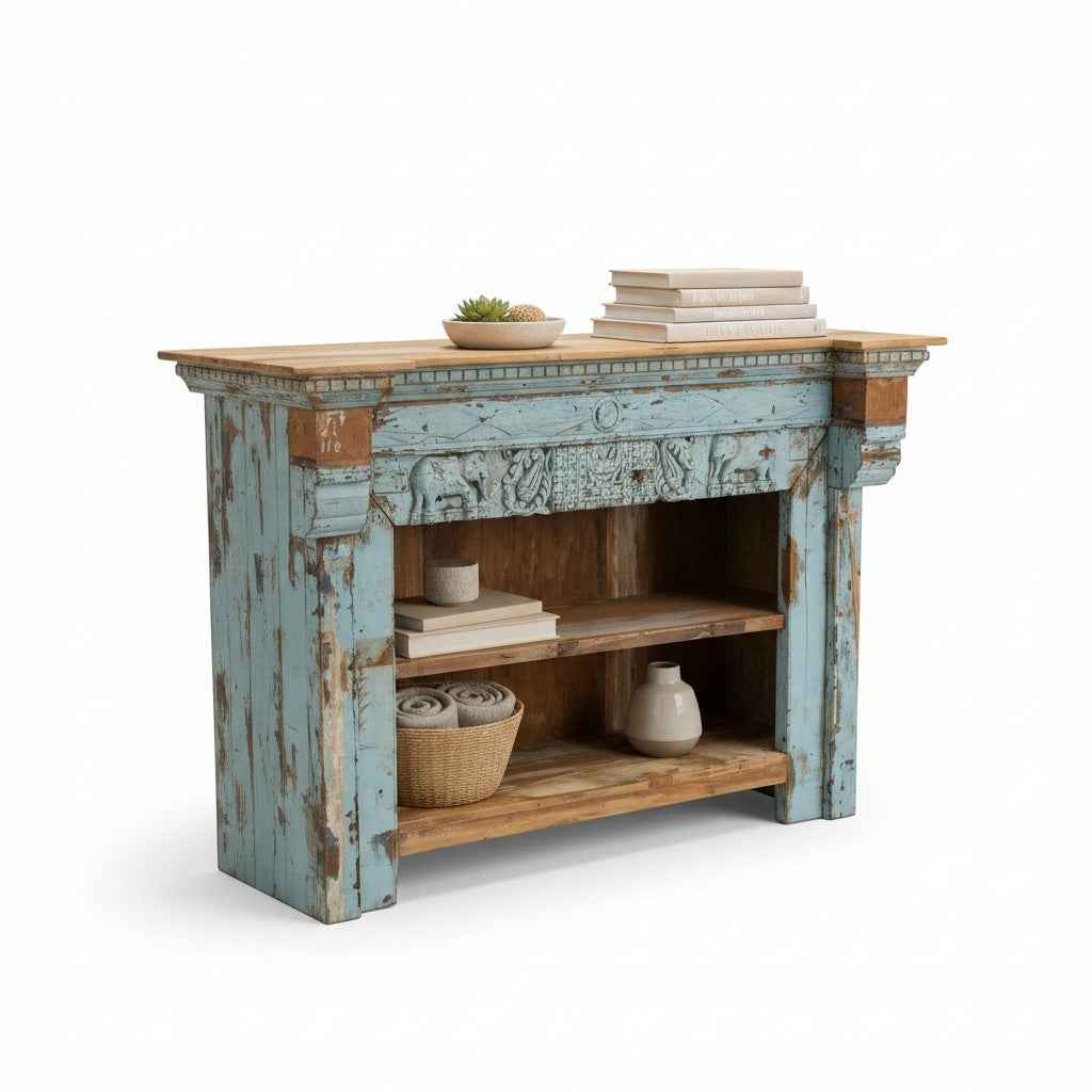 KB ART KB ART Distressed Blue Carved Wooden Console Table – Handcrafted Premium Solid Wood Jodhpur Rajasthani Decor – Handcrafted Boho Jodhpur Home Decor