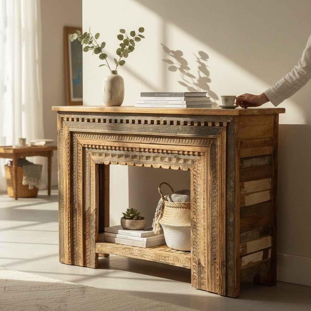 KB ART KB ART Traditional Carved Wood Console Table Shelf – Handcrafted Premium Solid Wood Jodhpur Rajasthani Decor – Handcrafted Boho Jodhpur Home Decor