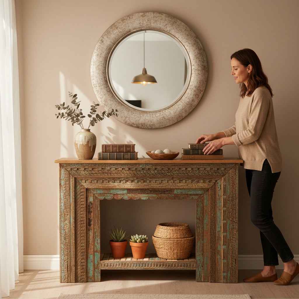 KB ART KB ART Antique Distressed Wooden Fireplace Mantel Table – Handcrafted Premium Solid Wood Jodhpur Rajasthani Decor – Handcrafted Boho Jodhpur Home Decor