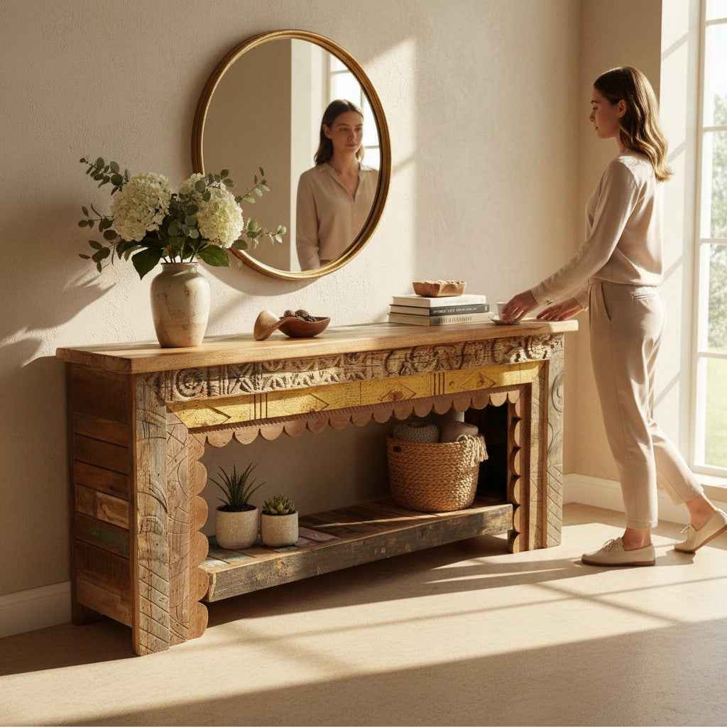 KB ART KB ART Scalloped Carved Wooden Entryway Table Console – Handcrafted Premium Solid Wood Jodhpur Rajasthani Decor – Handcrafted Boho Jodhpur Home Decor