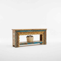 KB ART KB ART Distressed Blue Scalloped Arch Wooden Console – Handcrafted Premium Solid Wood Jodhpur Rajasthani Decor – Handcrafted Boho Jodhpur Home Decor