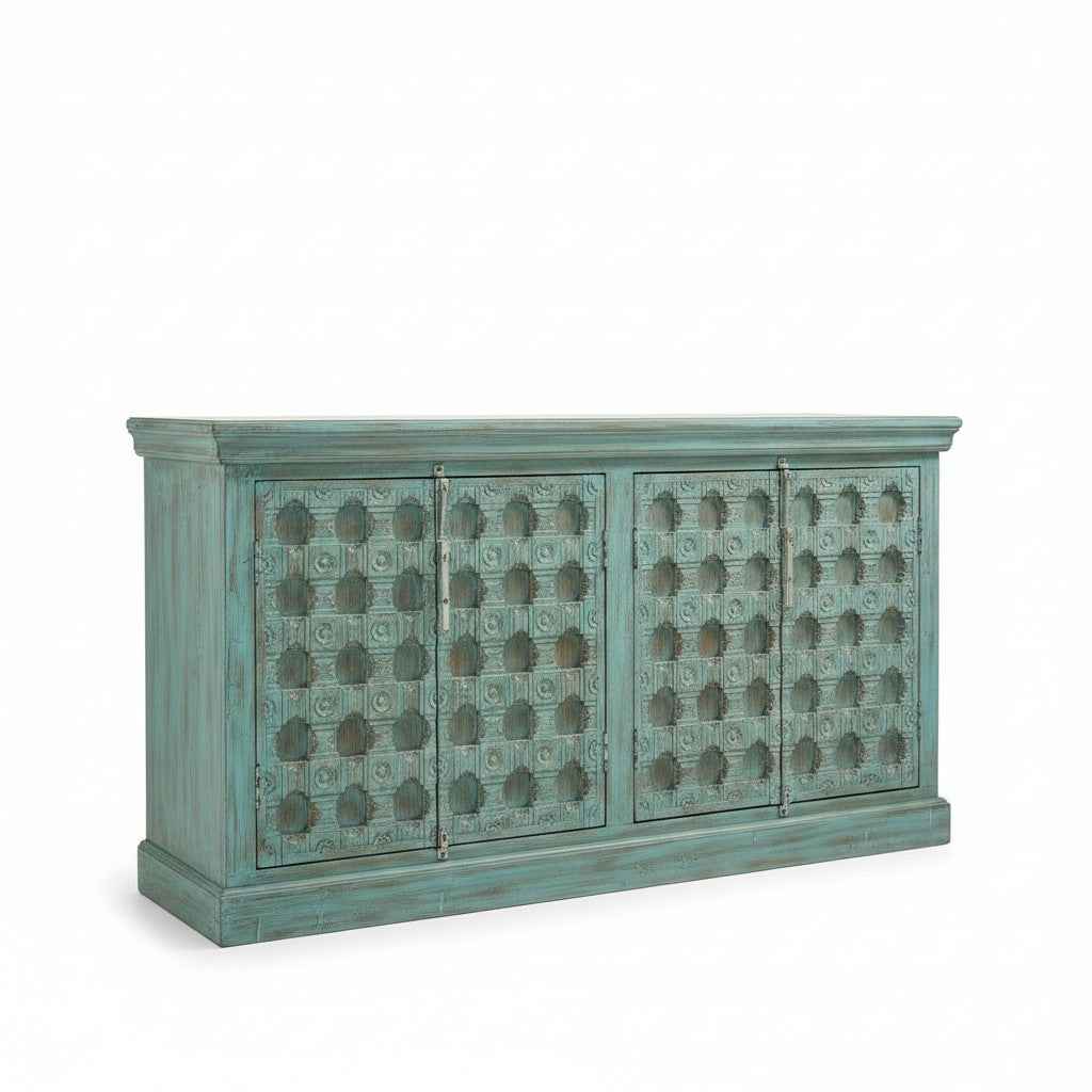 KB ART KB ART Distressed Turquoise Carved Grid Sideboard Cabinet – Handcrafted Premium Solid Wood Jodhpur Rajasthani Decor – Handcrafted Boho Jodhpur Home Decor