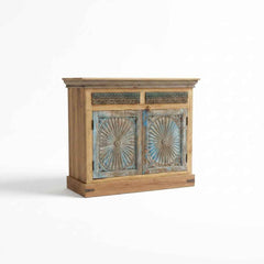 KB ART KB ART Compact Sunburst Carved Wooden Side Cabinet – Handcrafted Premium Solid Wood Jodhpur Rajasthani Decor – Handcrafted Boho Jodhpur Home Decor