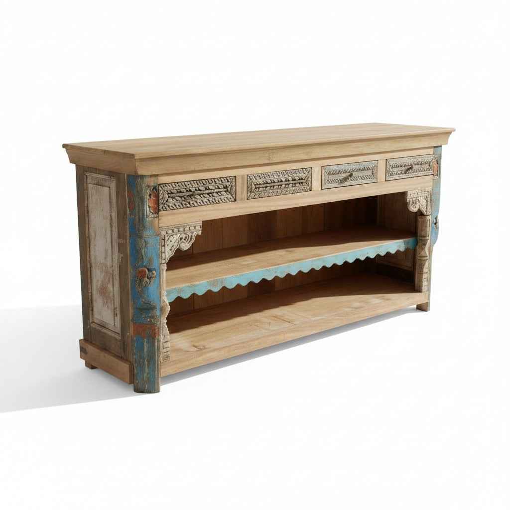 KB ART KB ART Open Shelf Wooden Sideboard Scalloped Blue Trim – Handcrafted Premium Solid Wood Jodhpur Rajasthani Decor – Handcrafted Boho Jodhpur Home Decor